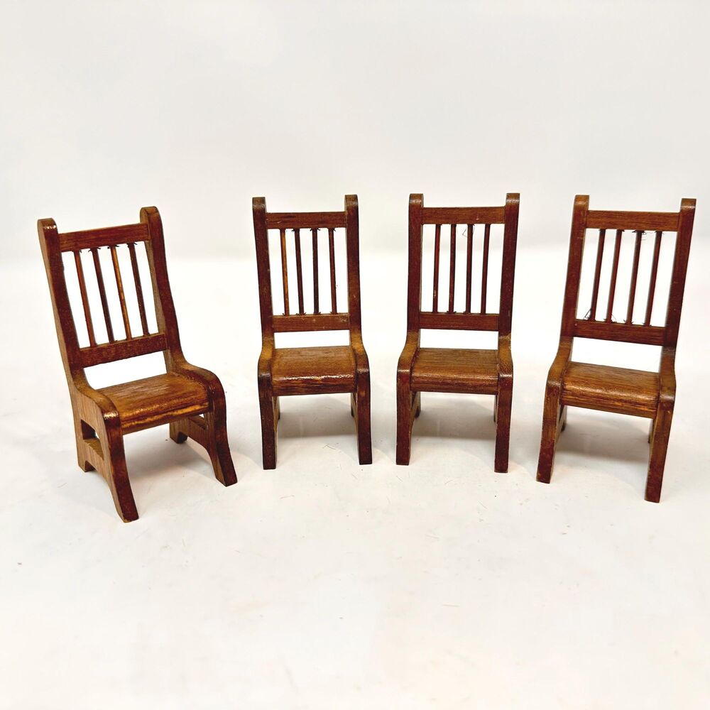 Vintage Dollhouse Miniature Chairs Set of 4 Wooden 1:12 Scale Slat Back Dining